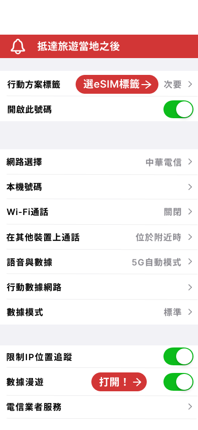 抵達後開啟esim數據漫遊
